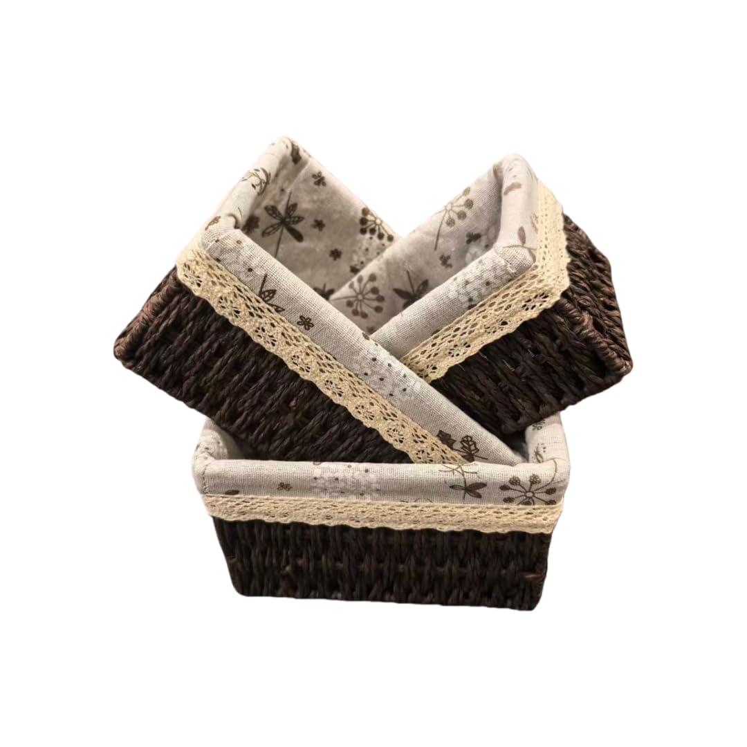 Ageminglife Wicker Woven Baskets With Liner, 3Packs Small Square Decorative Shelf Basket For Home Storage And Organizing (coffee