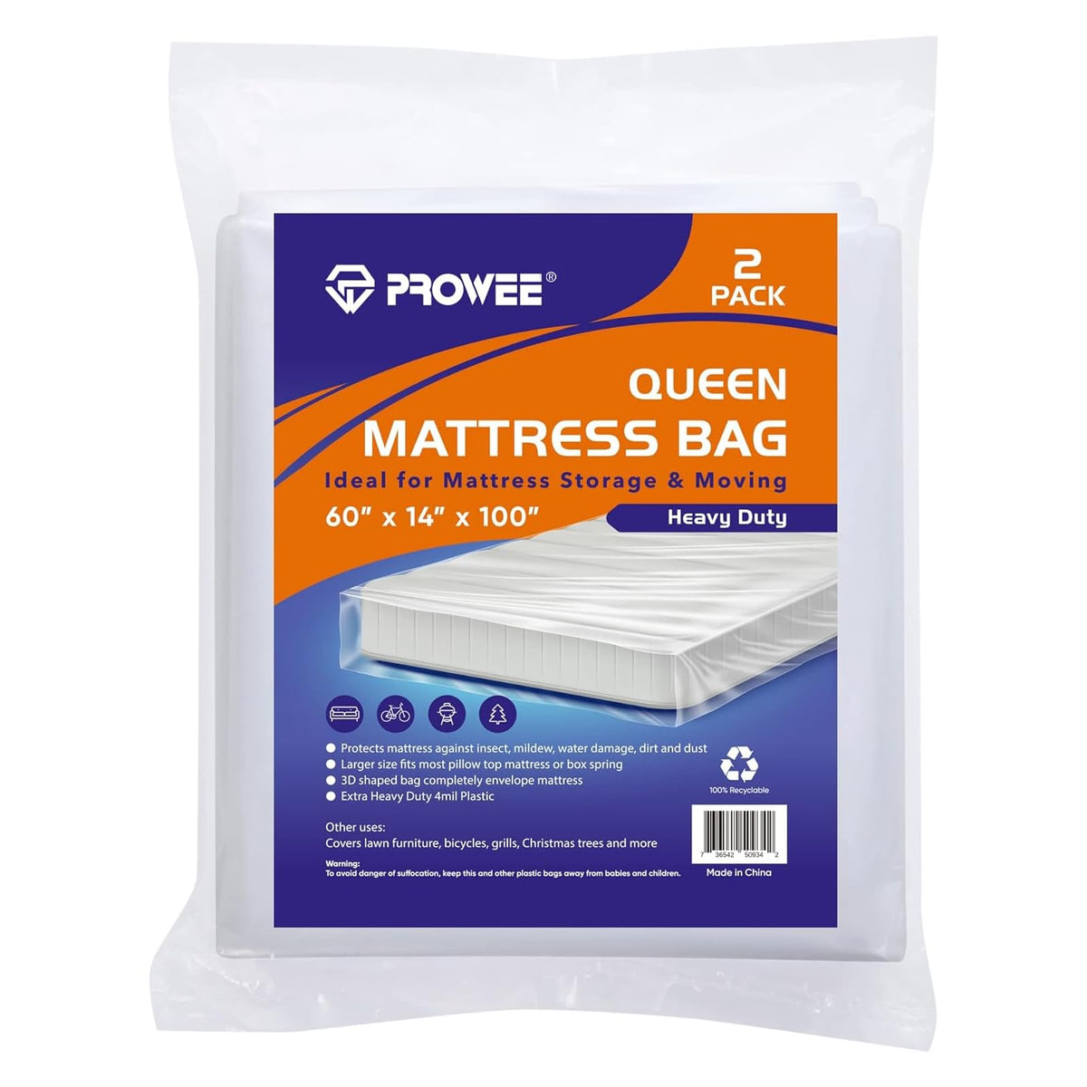 Prowee 2 Pk 4Mil Heavy Duty Queen Mattress Bags For Moving,Clear Plastic Mattress Bags For Storage, Queen Mattress Cover For Mov