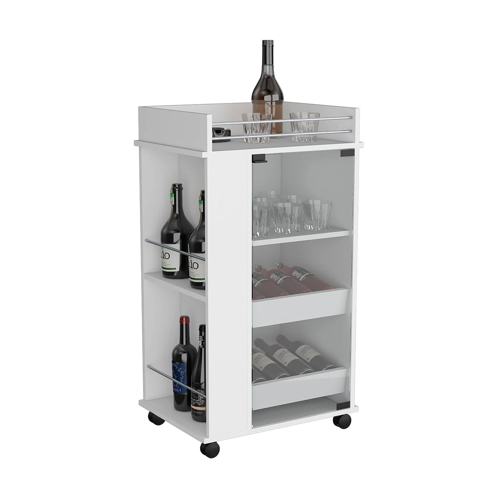 Lansing Bar Cart With Glass Door, 2-Side Shelves And Casters, White
