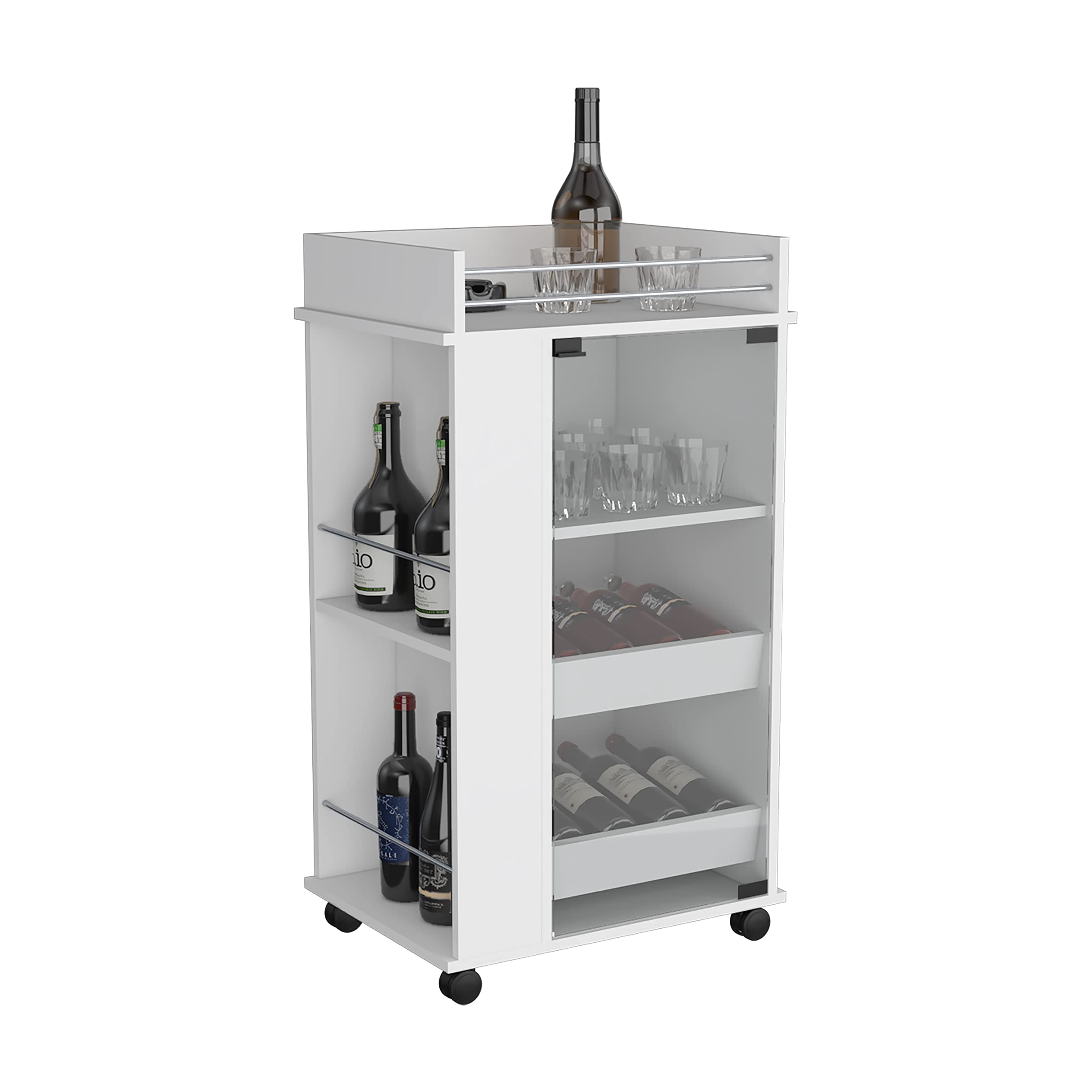 Lansing Bar Cart With Glass Door, 2-Side Shelves And Casters, White
