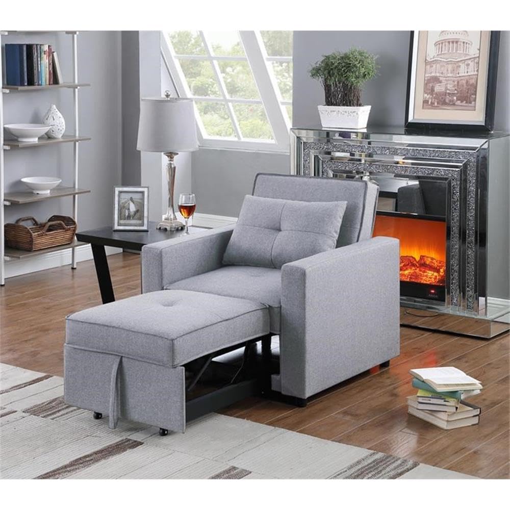 Lilola Home Zoey Light Gray Linen Convertible Sleeper Chair with Side Pocket