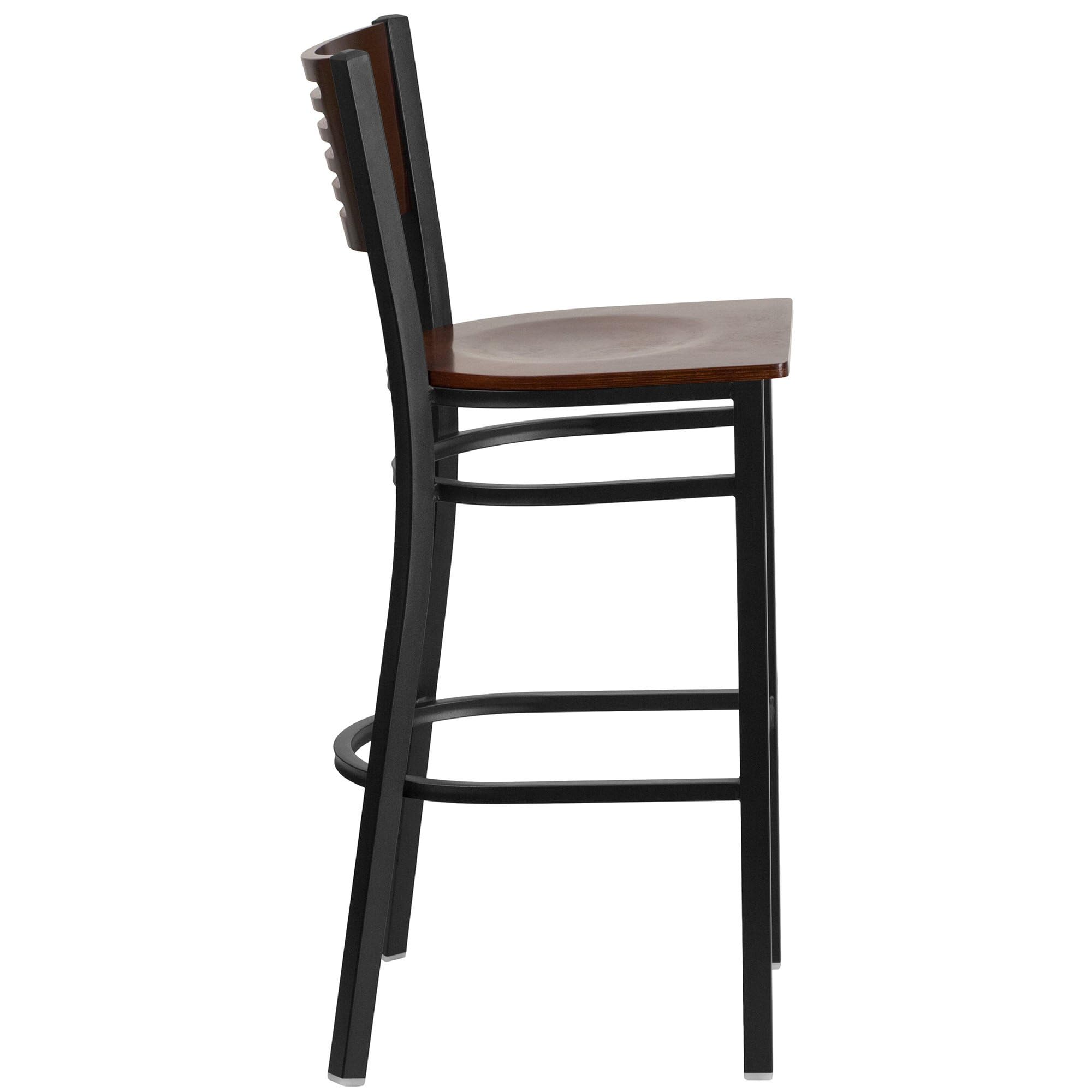 Flash Furniture Hercules Series Black Slat Back Metal Restaurant Barstool - Walnut Wood Back & Seat