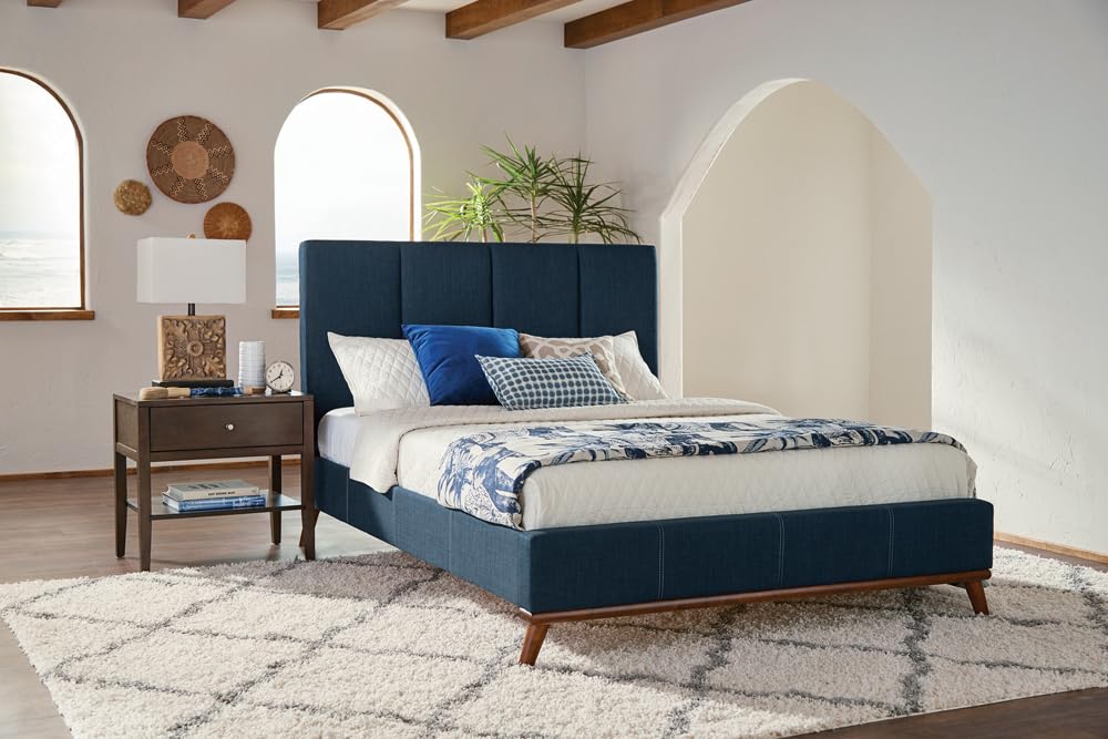 Coaster Home Furnishings Charity Mid-Century Modern Fabric Upholstered Queen Size Panel Bed Frame Platform Bed 49-inch Headboard Blue 300626Q