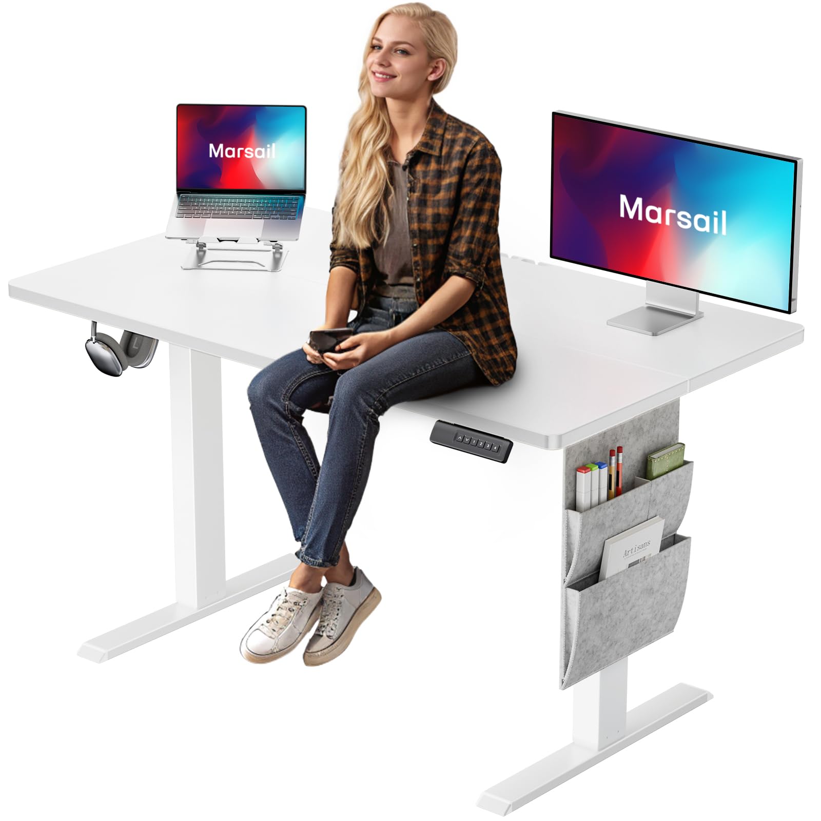 Marsail Standing Desk Adjustable Height Home Office Desk,48x24 Electric Standing Desk, Stand up Desk with Storage Bag,Headphone 
