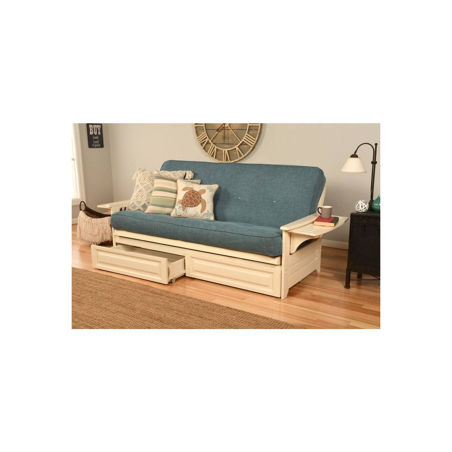 Kodiak Furniture Phoenix Futon with Linen Fabric Mattress in Antique White/Blue