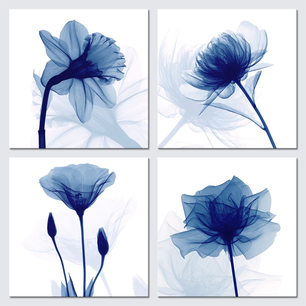 Pyradecor Blue Flickering Flower Modern Abstract Paintings Canvas Wall Art Gallery Wrapped Grace Floral Pictures on Canvas Print