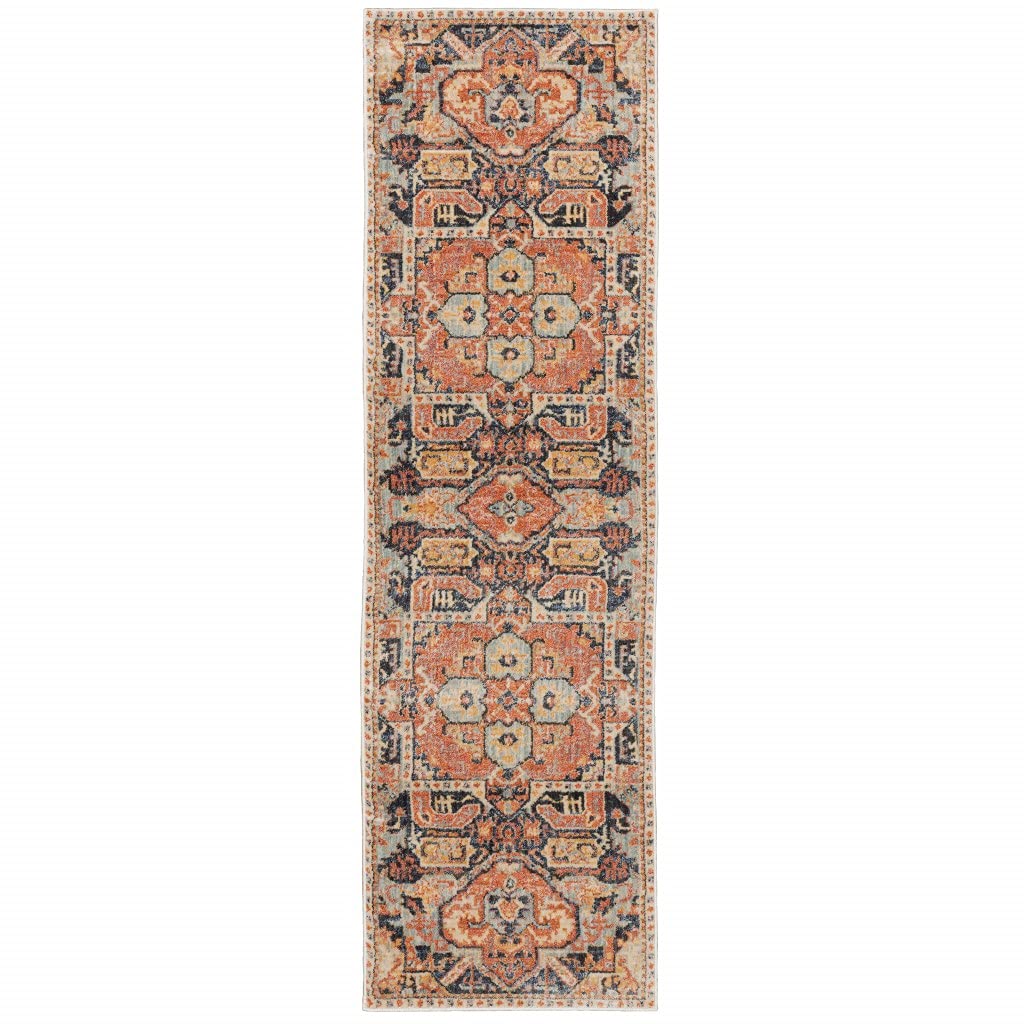 HomeRoots Polypropylene 2’x8’ Blue and Orange Tribal Runner Rug