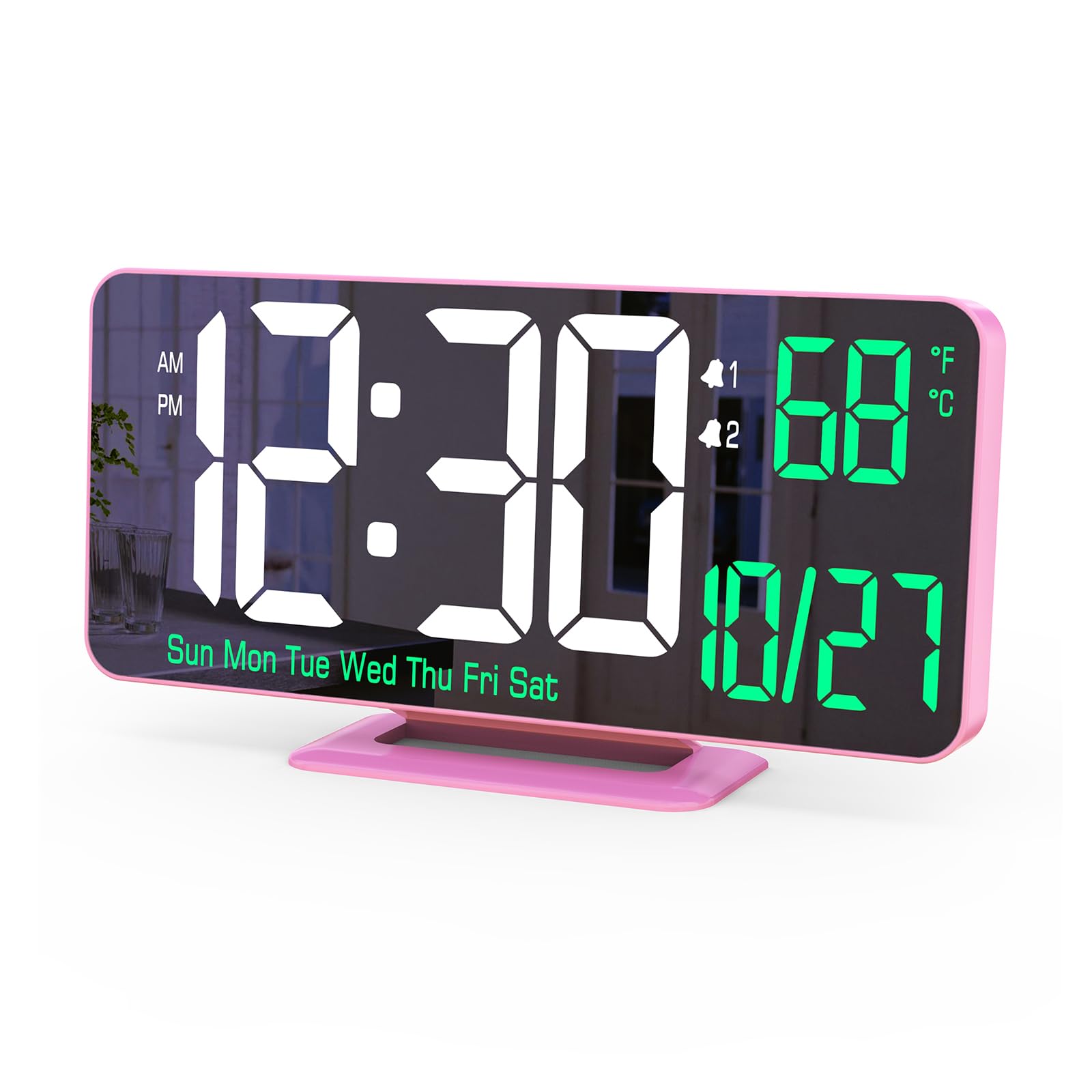 KOSUMOSU Pink Digital Clock 6.7in Desk Clock with Dual Alarm Clock, Dimming, 12/24h, Date, Day of Week, Temp, Digital LED Clock,