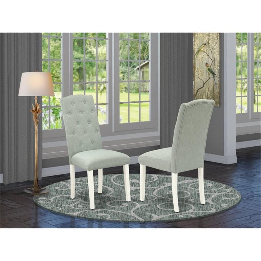 East West Furniture Cep2T15 Celina Parson Chairs - Button Tufted Baby Blue Linen Fabric Upholstered Dining Chairs, Set Of 2, Linen White