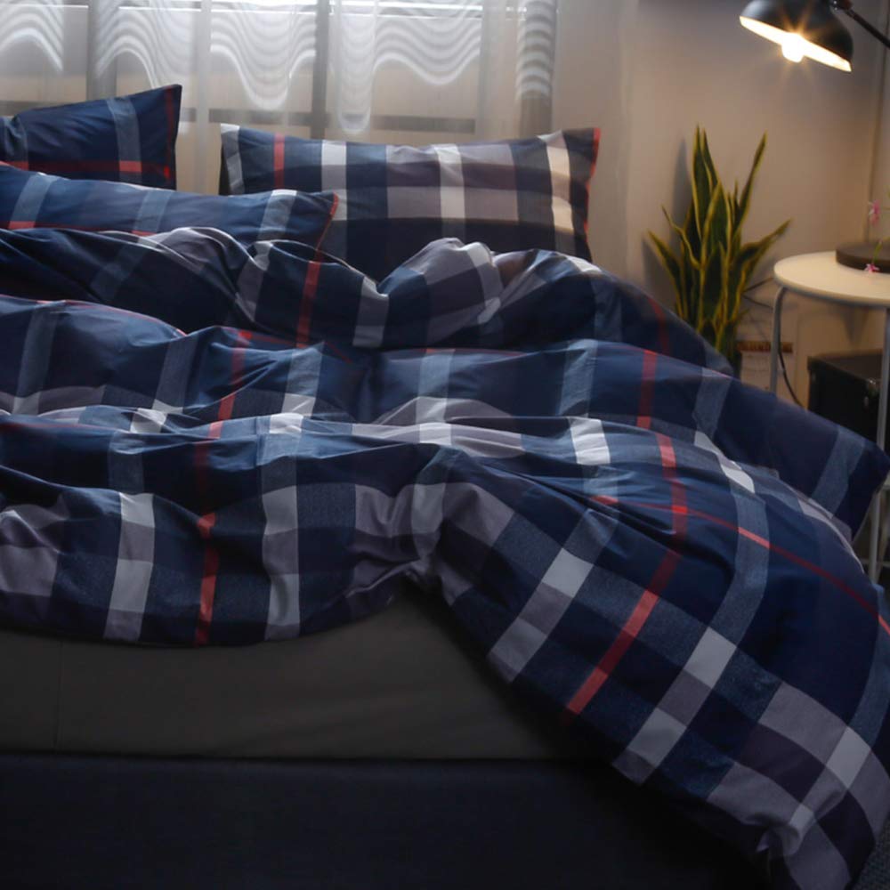 Clothknow Navy Plaid Comforter Sets Full Geometric Tartan Bedding Sets Full Men Teens Boys Bedding Blue Grid Bedding Comforter Full 3Pcs Comforter Sets For Men Women