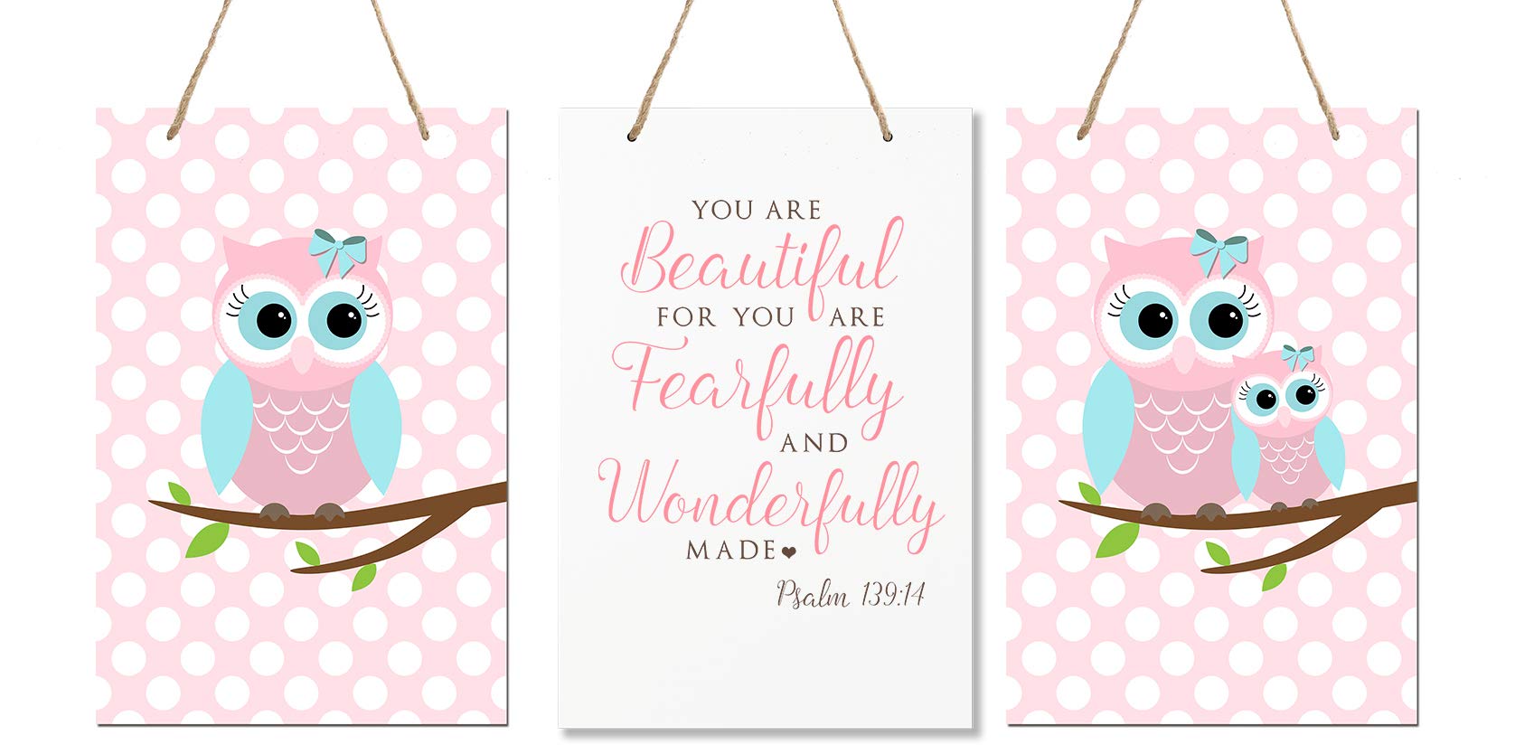 LifeSong Milestones You are Fearfully and Wonderfully Made Psalm 139:14 3pc Owl Wall Decor Decorations Signs for Kids, Bedroom, 