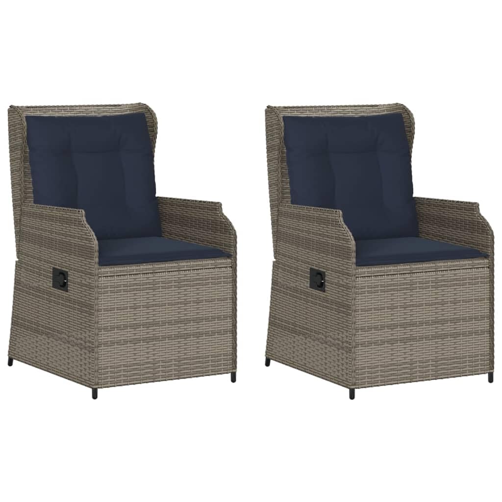 vidaXL - Reclining Patio Chairs Set - Grey Poly Rattan & Navy Cushions - Adjustable Backrest Armchairs for Garden/Deck/Outdoor Lounging