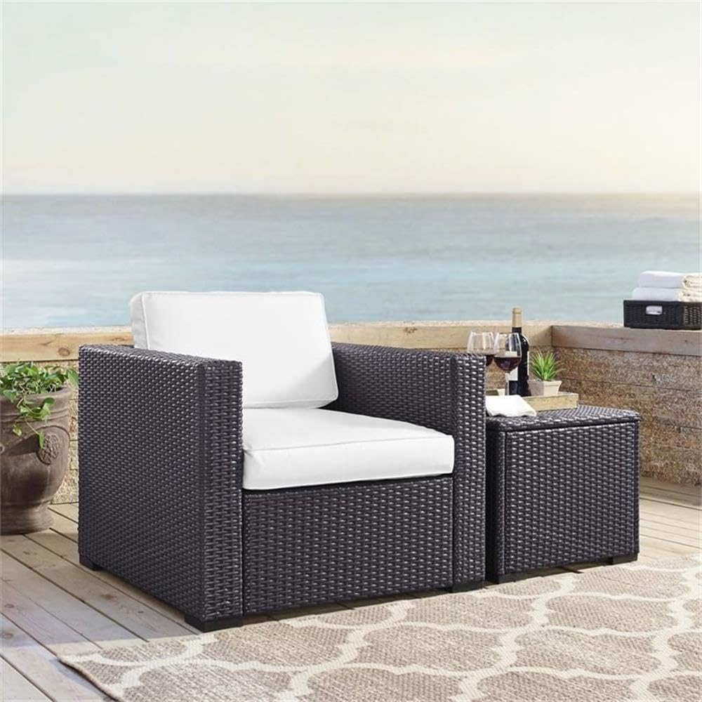 Crosley Furniture Biscayne Outdoor Chair, Wicker Patio Chairs for Porch, Deck, Balcony, Backyard, Brown with White Cushions