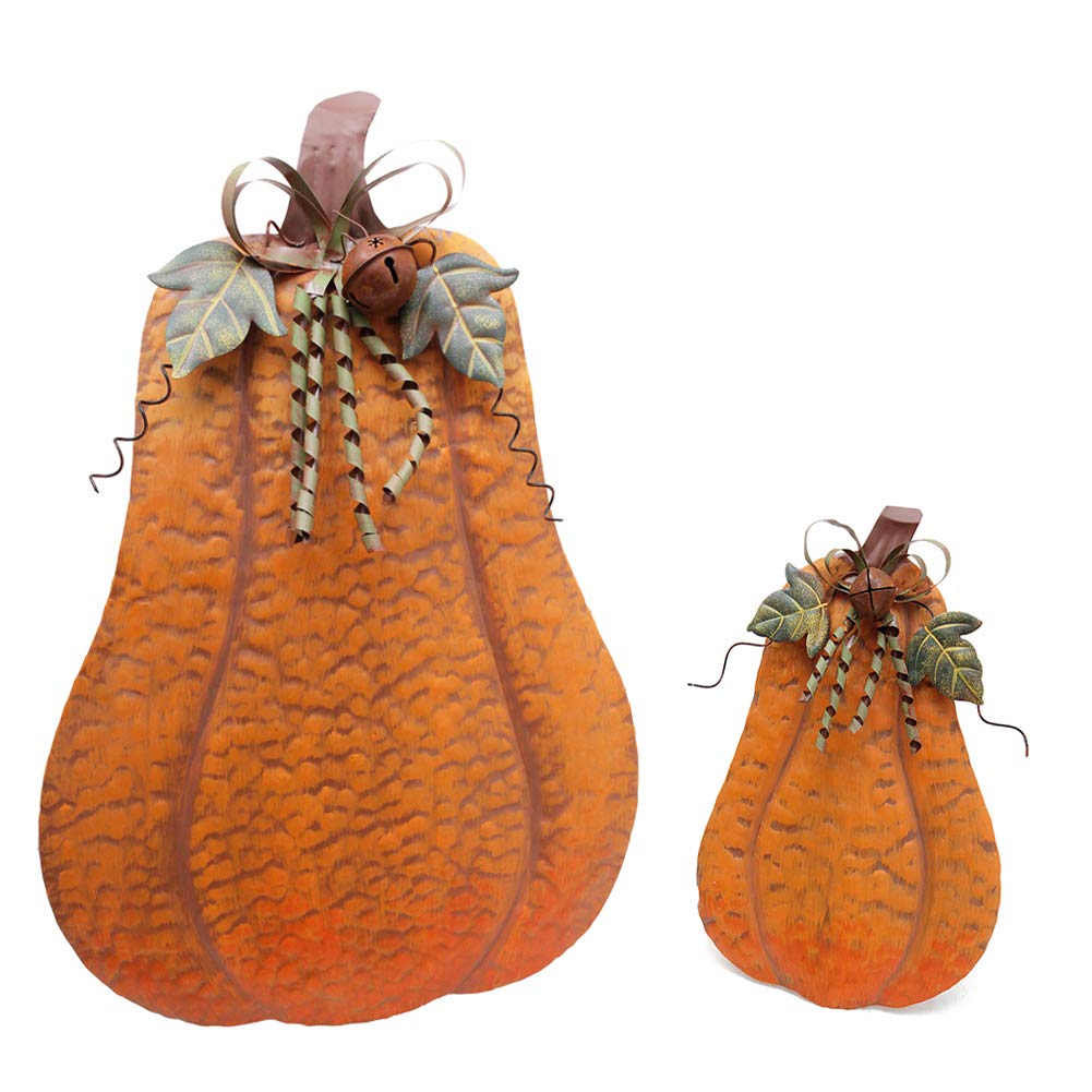 Attraction Design Metal Fall Pumpkin Decor Set of 2, Indoor Outdoor Standing Flat Pumpkin Decoration for Autumn Harvest Thanksgi