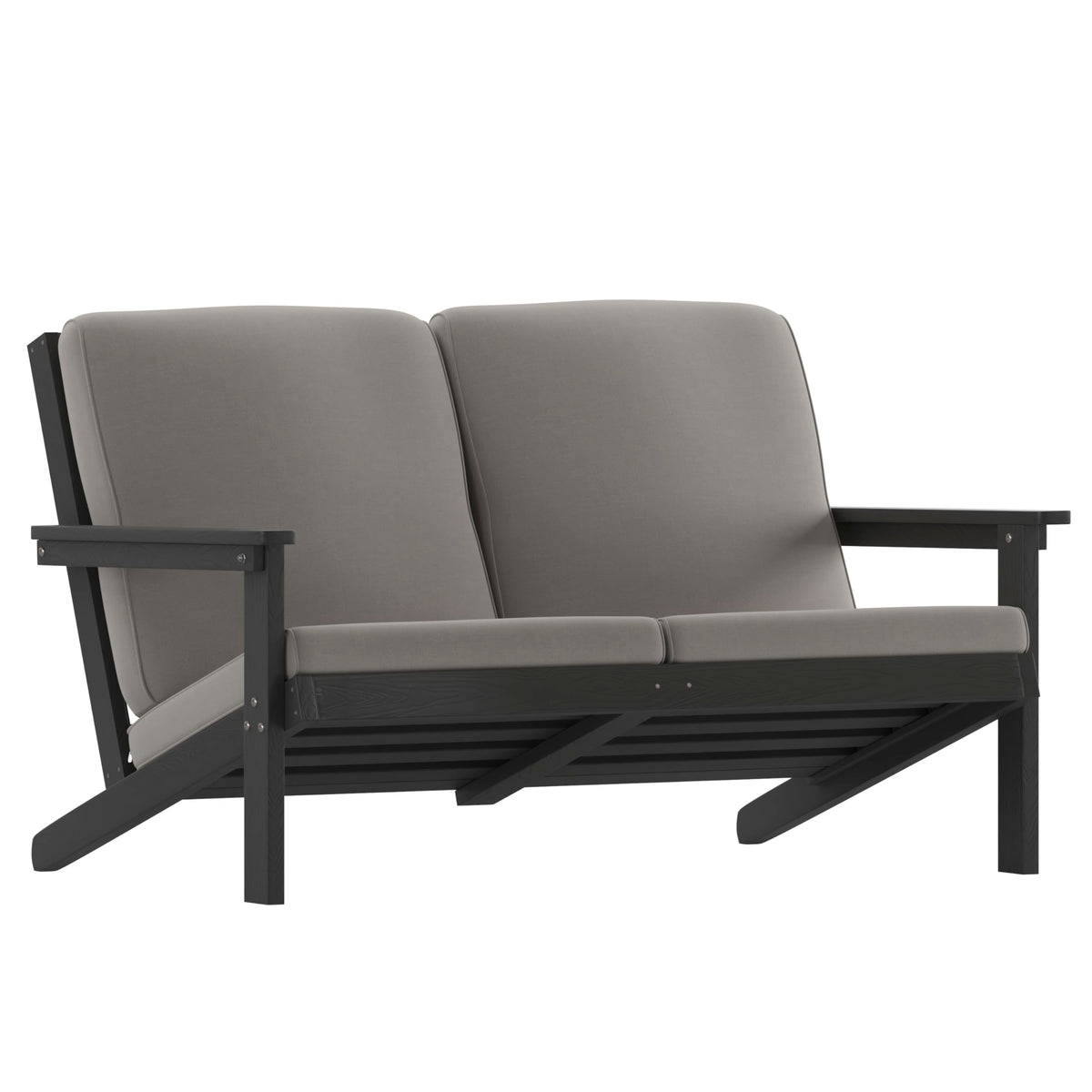 Flash Furniture Charlestown Adirondack Style Deep Seat Patio Loveseat with Cushions - Black Poly Resin Frame - Charcoal All-Weather Cushions - Indoor/Outdoor