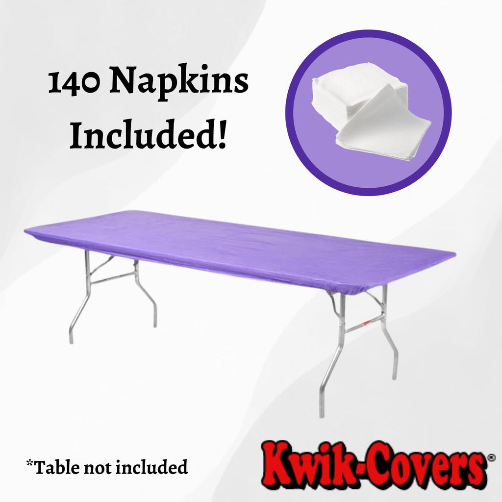 Kwik-Covers Rectangular Plastic Table Covers 8' Bundle Of 10 With One Hundred Forty (140) Ohm Commerce Paper Napkins - Indoor Or Outdoor Fitted Table Covers (Table Not Included)