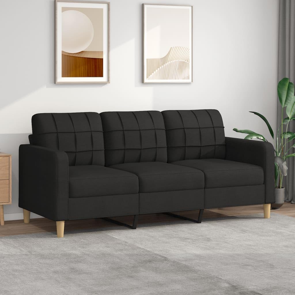 vidaXL Modern 3-Seater Sofa in Black Fabric, 70.9&quot; Wide for Comfortable Seating, Ideal for Living Room, Lounge or Office Space