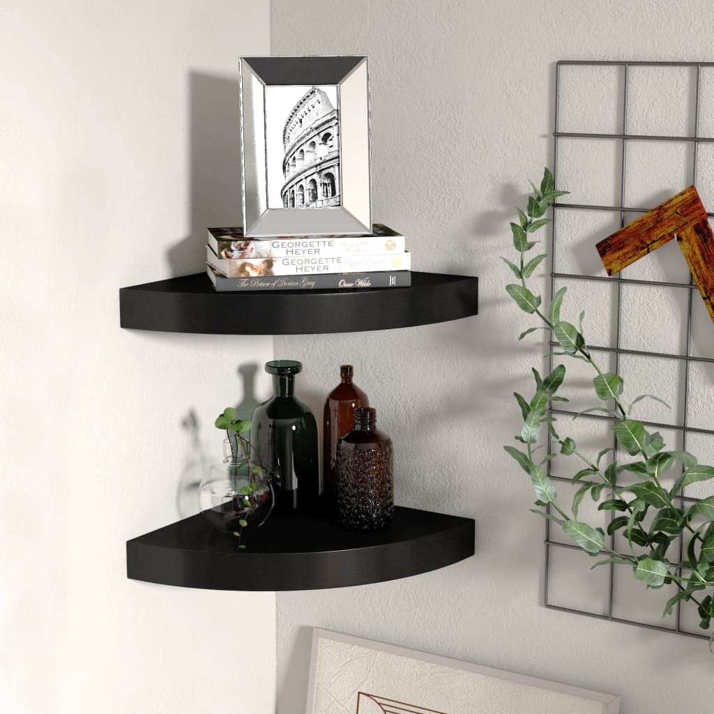 vidaXL Stylish Modern Floating Corner Shelves, Black, Set of 2, Made from Durable Honeycomb MDF and Metal – Perfect for Books, Decoratives, and Collectibles