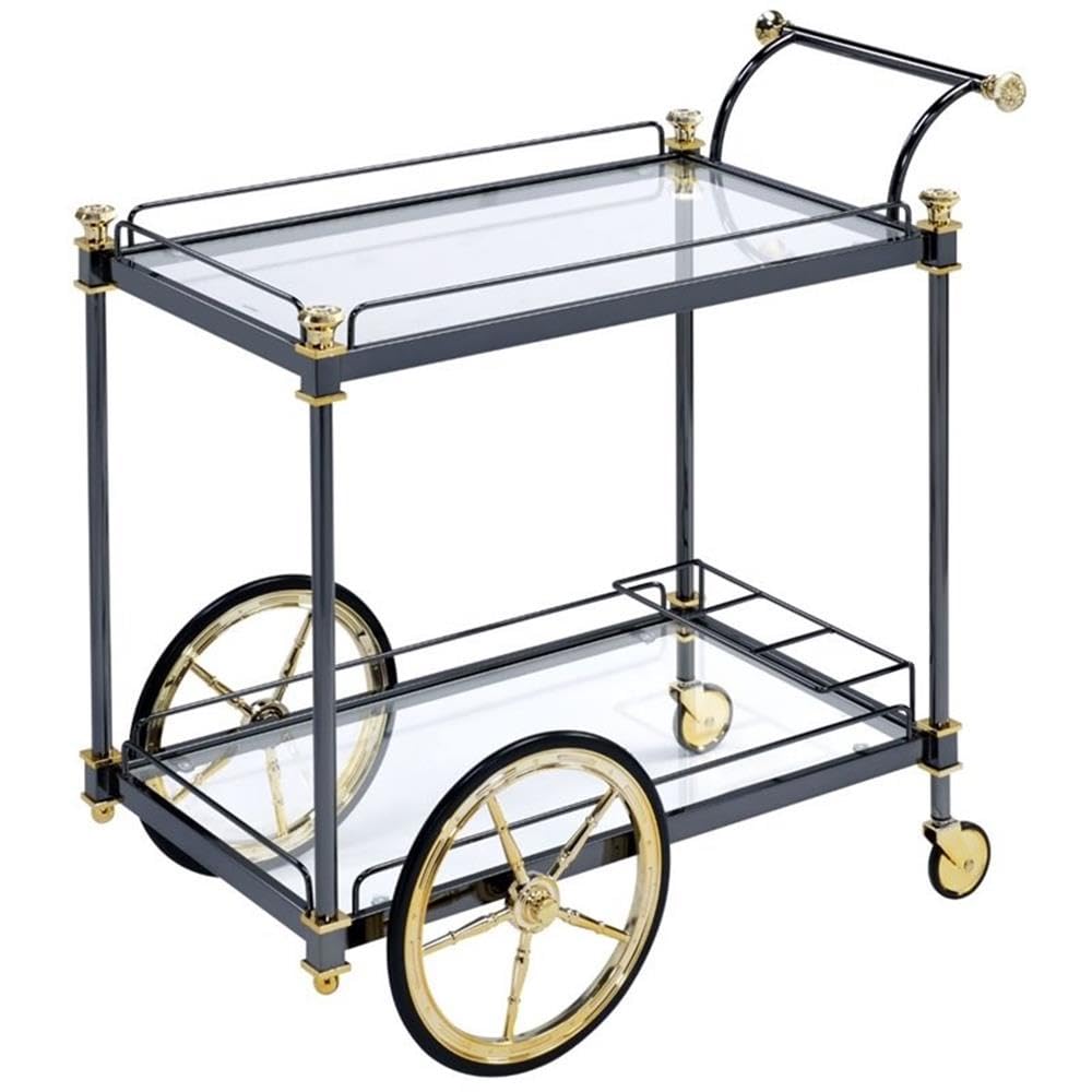 Acme Cyrus Rectangular Glass Top Serving Cart with 2 Shelves in Black and Clear