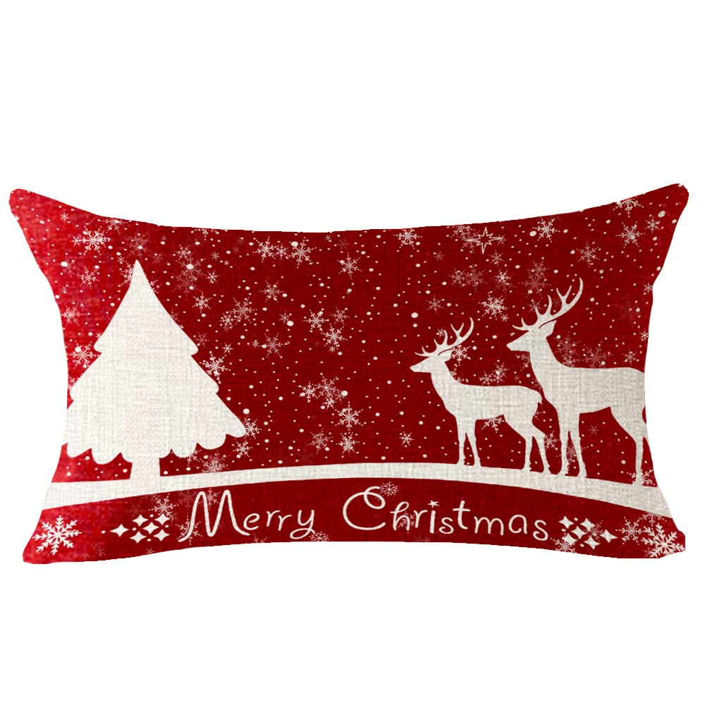 Feleniw Merry Christmas Snowflake Happy Winter Red Background Lumbar Decorative Throw Pillow Cover Cushion Case Cotton Linen For