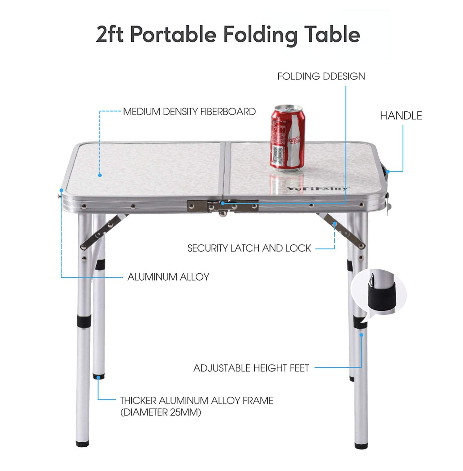 Folding Camp Table Small, 24''L X16''W With Adjustable Height Legs, Indoor Outdoor Lightweight Portable Aluminum Dining Table For Picnic Camping 2-Feet(2 Heights 10'/19')