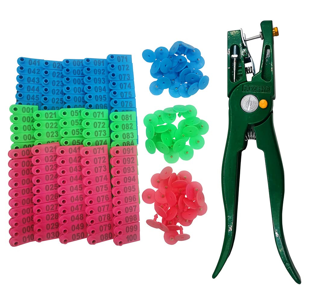 300Pcs 001-100 Number Plastic Livestock Ear Tags Farm Animal Tags Id Tags Pink Green Blue Ear Tagger + 1Pcs Ear Tag Applicator F
