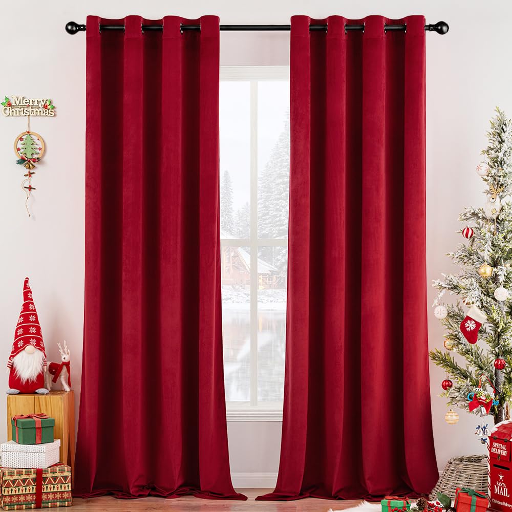 Miulee Christmas Red Velvet Curtains Elegant Grommet Curtains Thermal Insulated Soundproof Room Darkening Curtains/Drapes For Cl