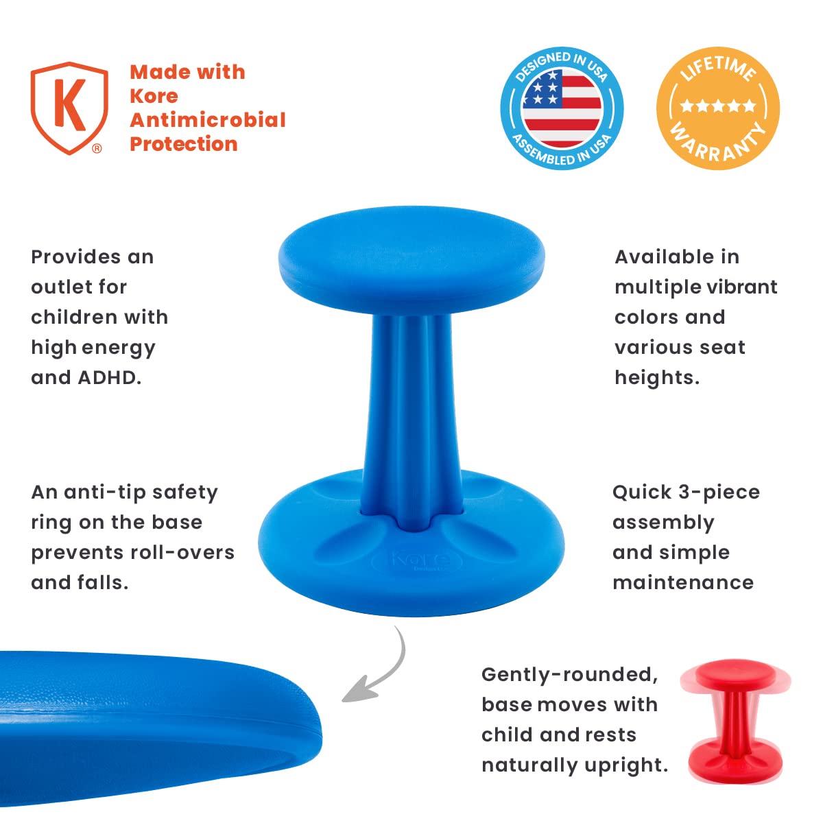 Kore Kids Junior Wobble Chair - Flexible Seating Stool For Classroom, Elementary School, Add/Adhd - Made In The Usa - Junior- Age 8-9, Grade 3-4, Blue (16In)
