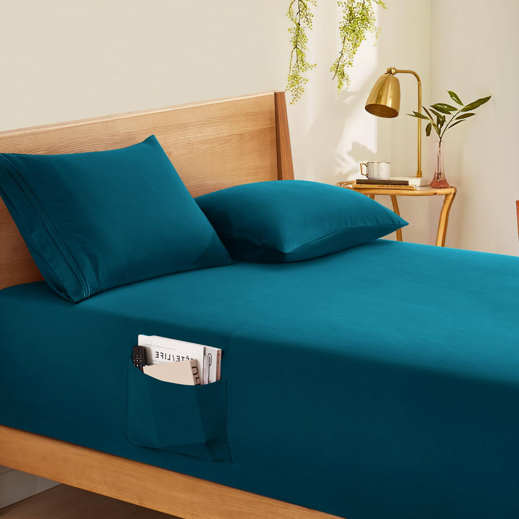 Horbaunal Extra Deep Pocket Full Fitted Sheet Only - Fits Up To 24 Inch Mattress - Luxury 1800 Thread Count - Microfiber Teal Fi