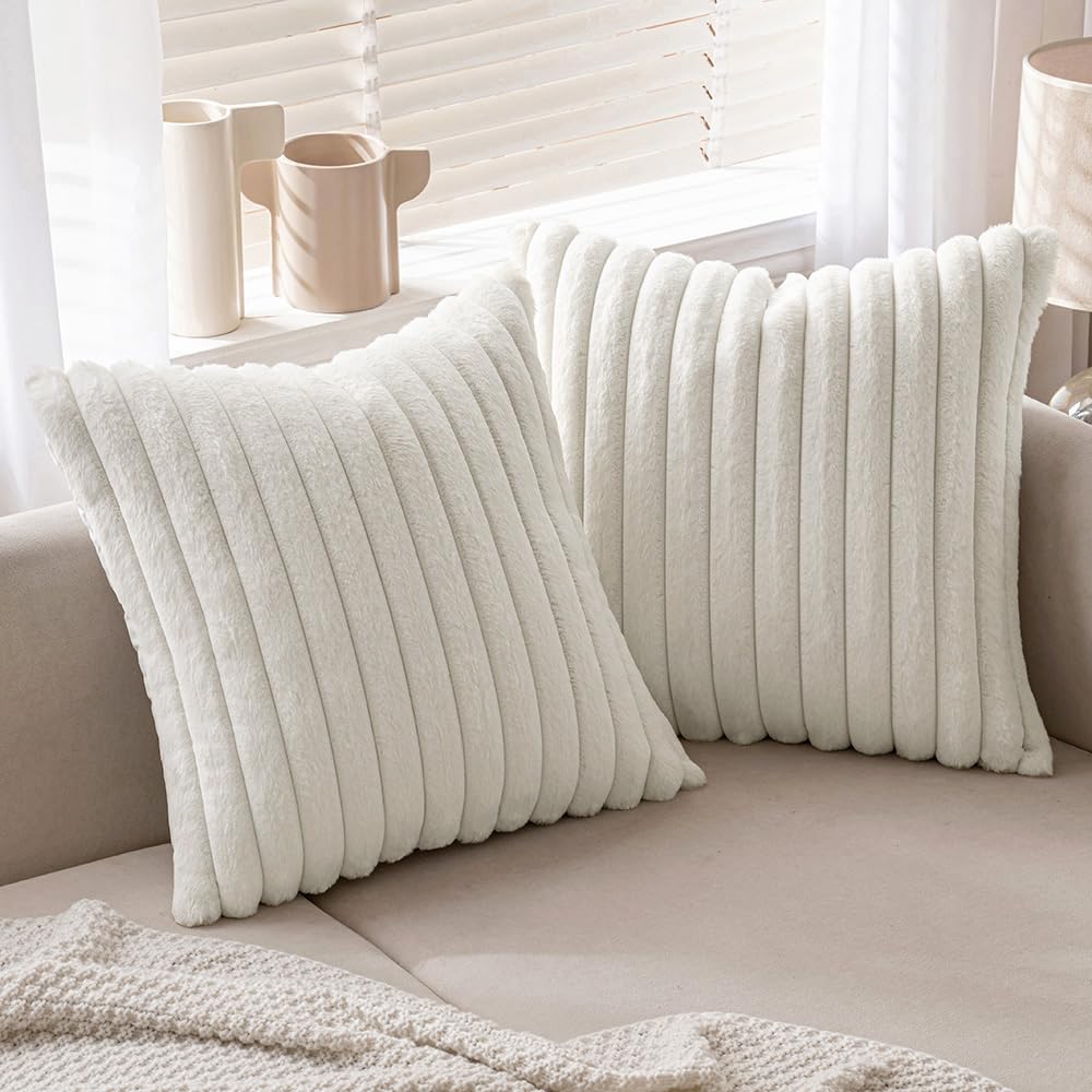 Miulee White Throw Pillow Covers 20X20 Inch Set Of 2 Soft Pillowcase With Velvet Back Faux Rabbit Fur Cushion Covers Decorative