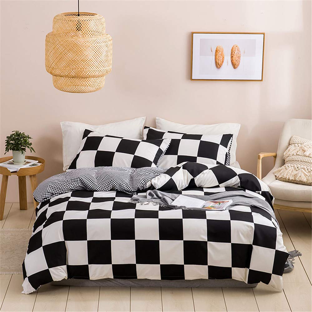 Black And White Plaid Duvet Cover Set Queen Size, Reversible Geometric Grid Bedding Quilt Cover For Boys Teens Adults Room Decor