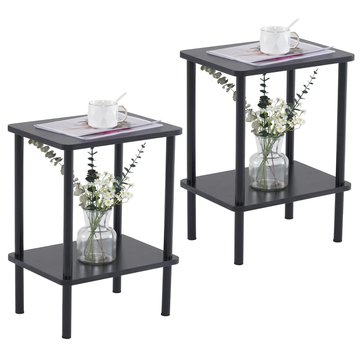 Apicizon 2 Tier End Table Set Of 2, Boho Side Table With Storage Shelf, Nightstand Bedside Table For Small Spaces, Bedroom, Living Room, Entryway, Farmhouse, Easy Assembly, Black