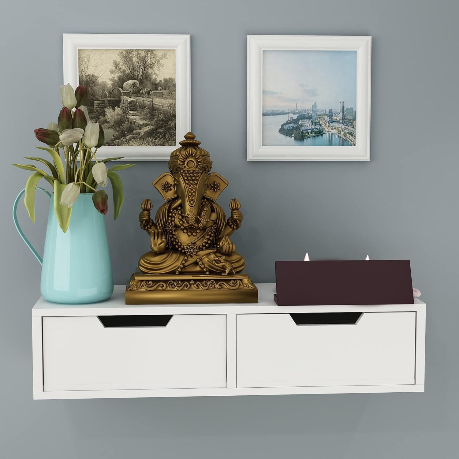 FURNIFOX Engineered Wood Floating Shelf with Drawer, 2Shelf Modern Wall Shelf with Storage, White Floating Shelf for Bedroom, L
