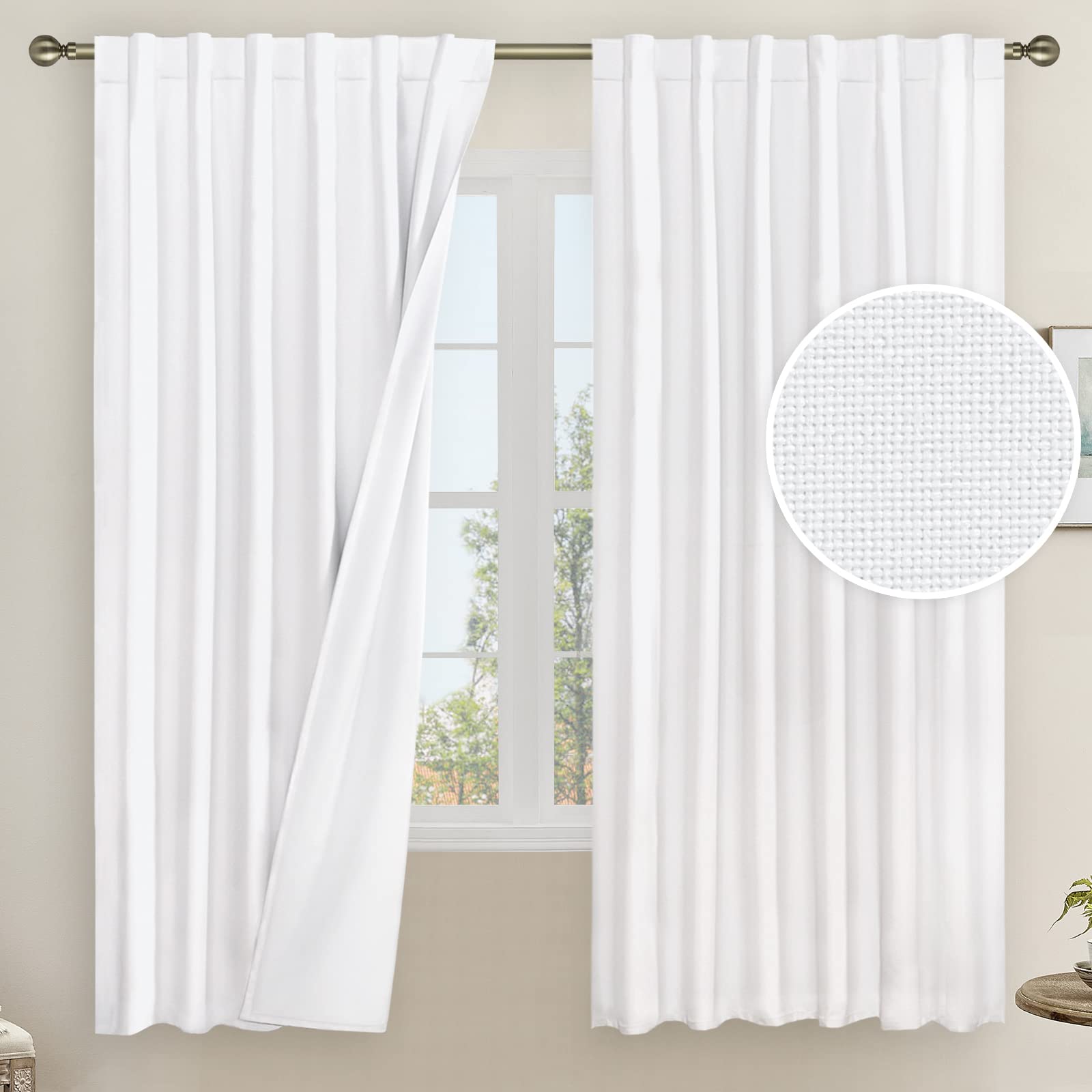 Lamit 100% White Blackout Curtains For Bedroom, 63 Inches Linen Textured Thermal Curtains Back Tab And Rod Pocket Burlap Panels