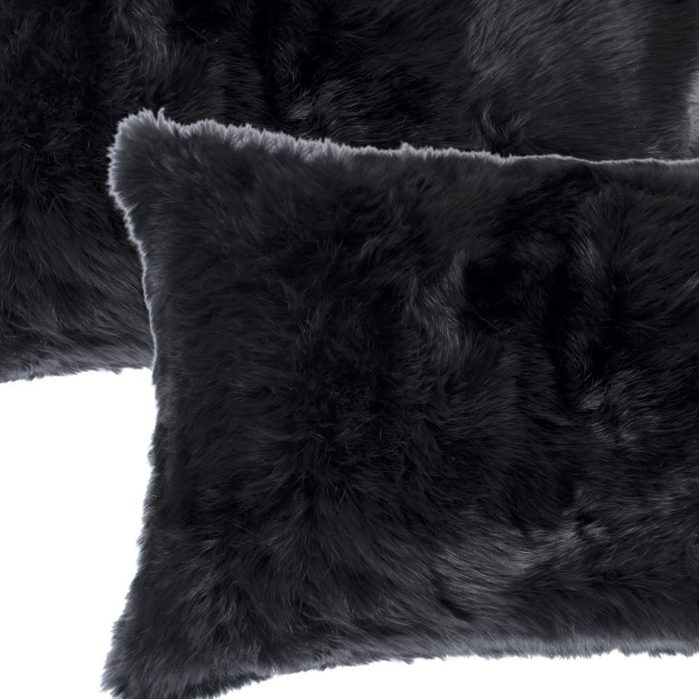 HomeRoots 100% Natural Rabbit Fur and Microsuede Set of Two 12' X 20' Black Rabbit Natural Fur Throw Pillows