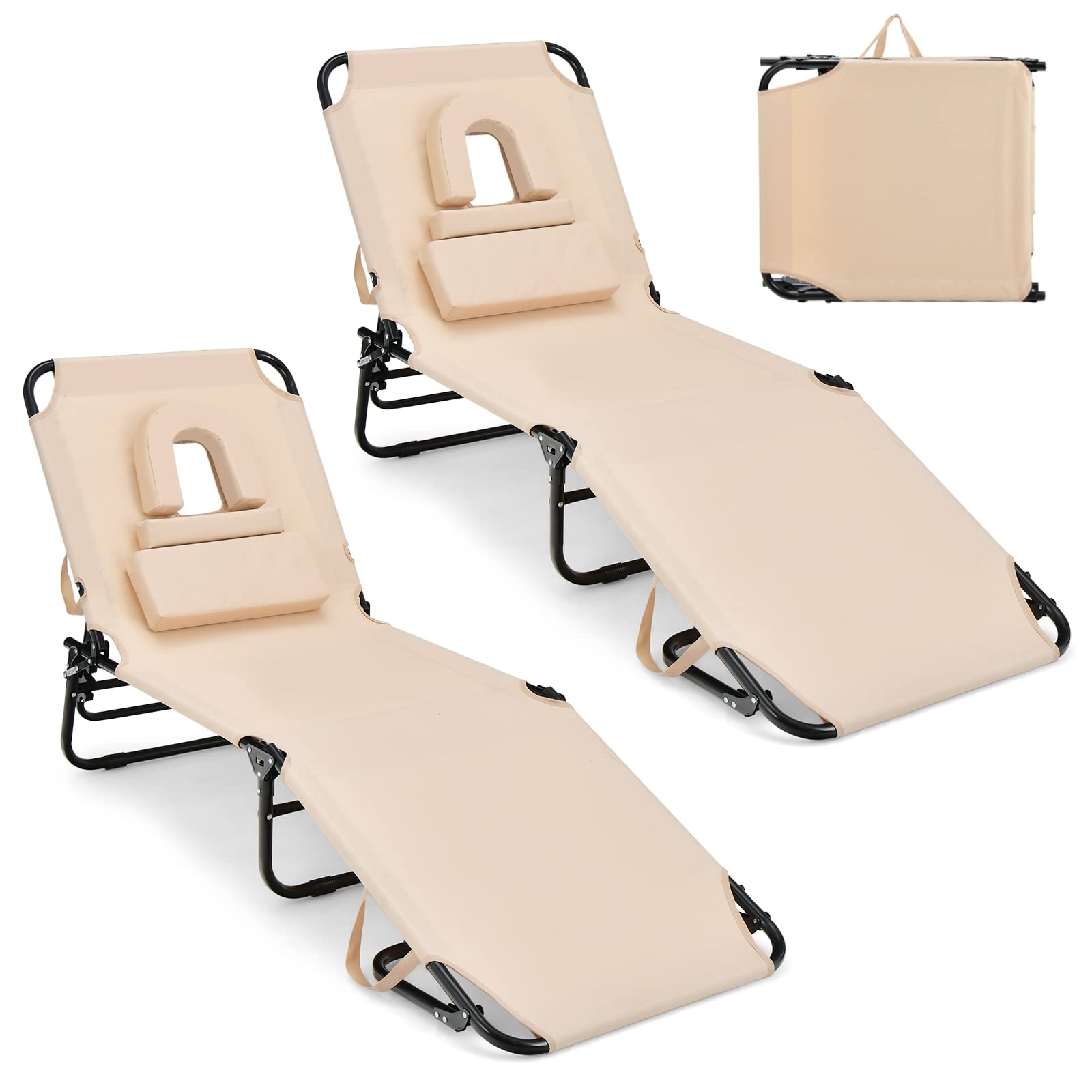 Gymax Tanning Chair, 350Lbs Beach Lounge Chair With Face Hole, Washable Pillow & Carry Strap, Adjustable Folding Chaise Lounge, Layout Chair For Outside, Patio, Poolside, Lawn (2, Beige)