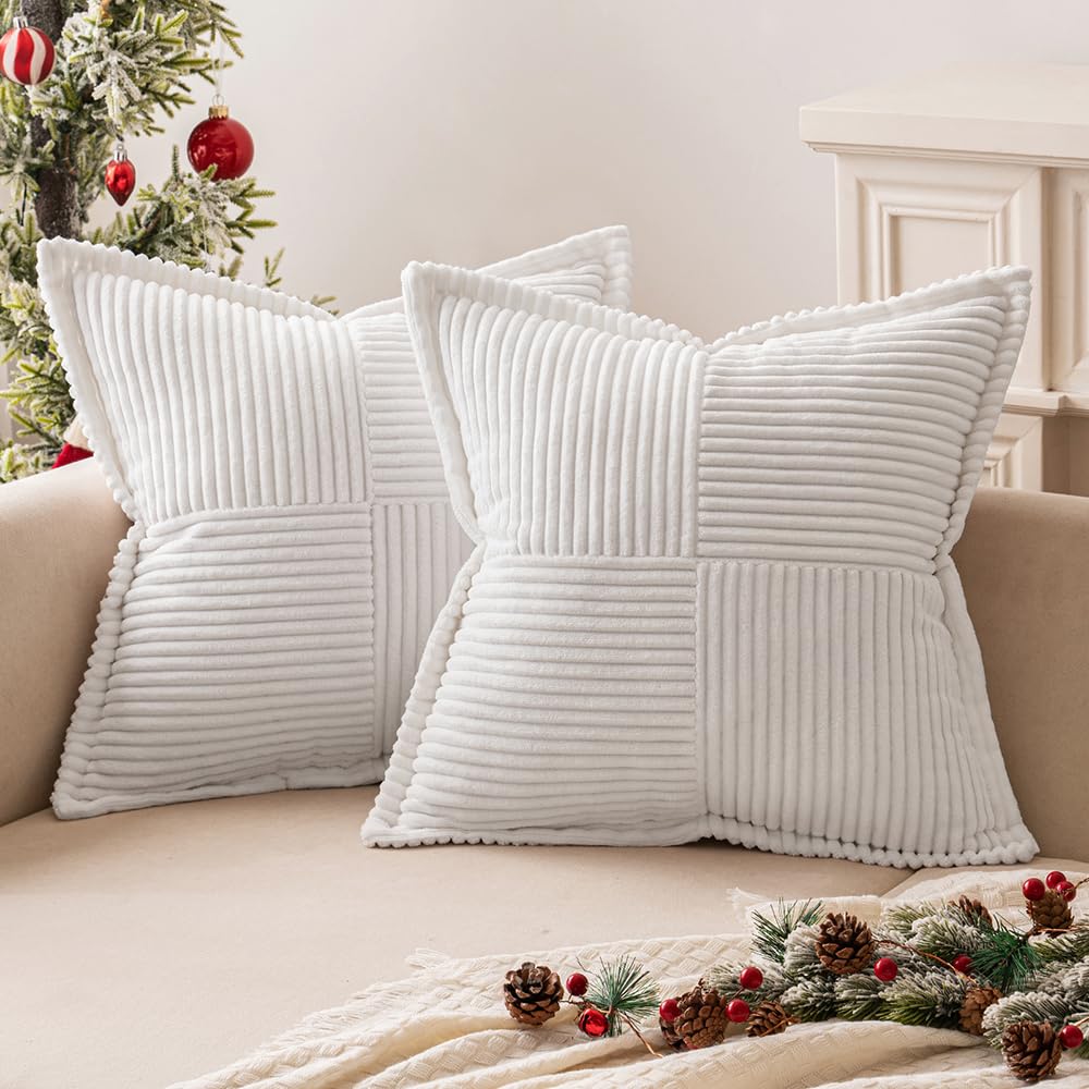 Miulee White Corduroy Pillow Covers 24X24 Inch With Splicing Set Of 2 Super Soft Couch Christmas Pillow Covers Broadside Striped