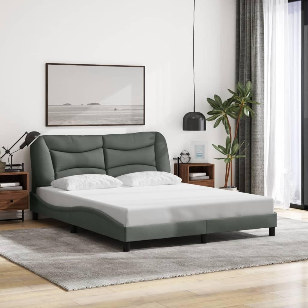 vidaXL Queen Bed Frame with Headboard - Dark Gray - Fabric/Metal/Pine - Modern Style - Waved Design - 85.8"x61.8"x29.3"