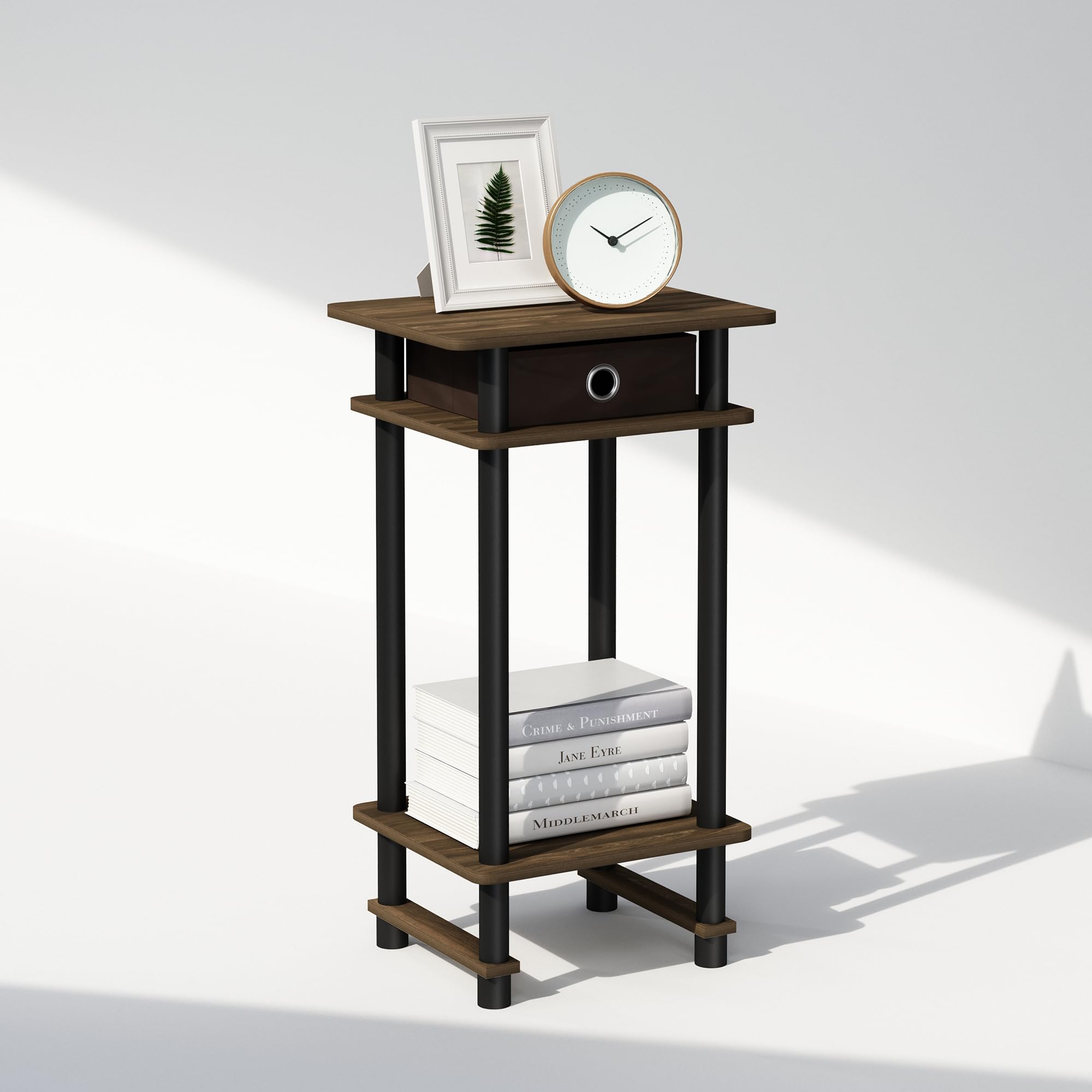 Furinno Turn-N-Tube Tall Nightstand With Bin, 1-Pack, Plastic Poles, Columbia Walnut/Black/Dark Brown