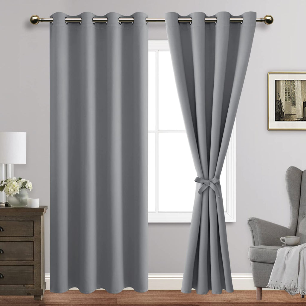 Jiuzhen Light Grey Blackout Curtains With Tiebacks Thermal Insulated, Light Blocking Noise Reducing Grommet Curtains For Bedroom And Living Room, Set Of 2 Window Curtain Panels, 70 X 84 Inch Length