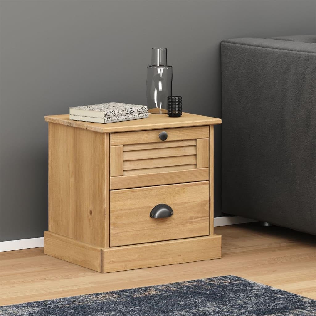 vidaXL VIGO Solid Wood Pine Bedside Cabinet End Table - Brown Wooden Nightstand with Storage Drawers, Metal Knobs and Rustic Shutter Design - 16.5&quot;x13.8&quot;x16.5&quot;