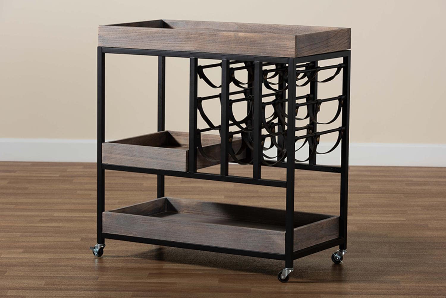 Baxton Studio Laine Modern Industrial Charcoal Finished Wood and Black Metal Wine Cart