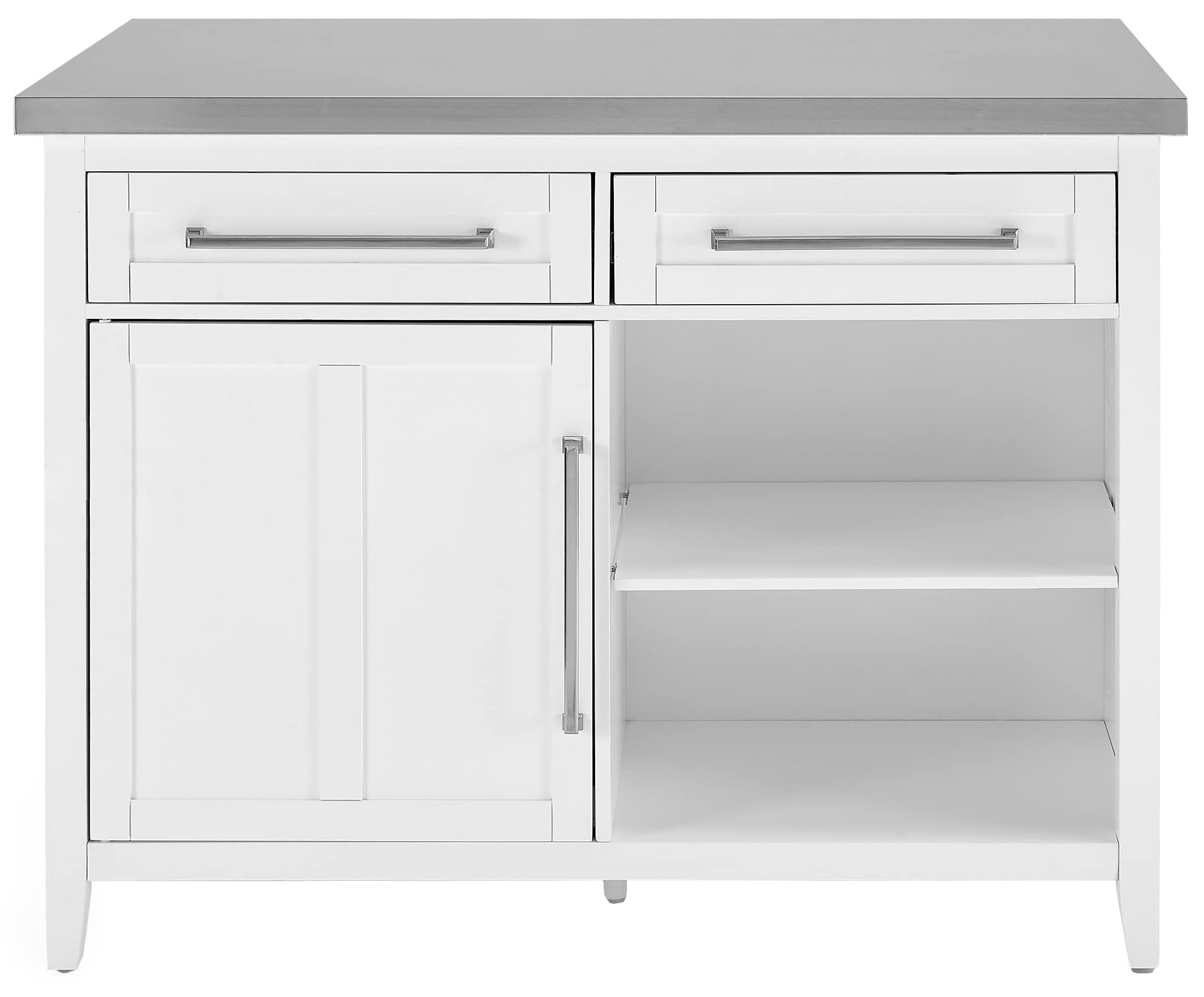 Crosley Furniture Silvia Stainless Steel Top Kitchen Island, Microwave Stand, Coffee Bar, with Shelves, White