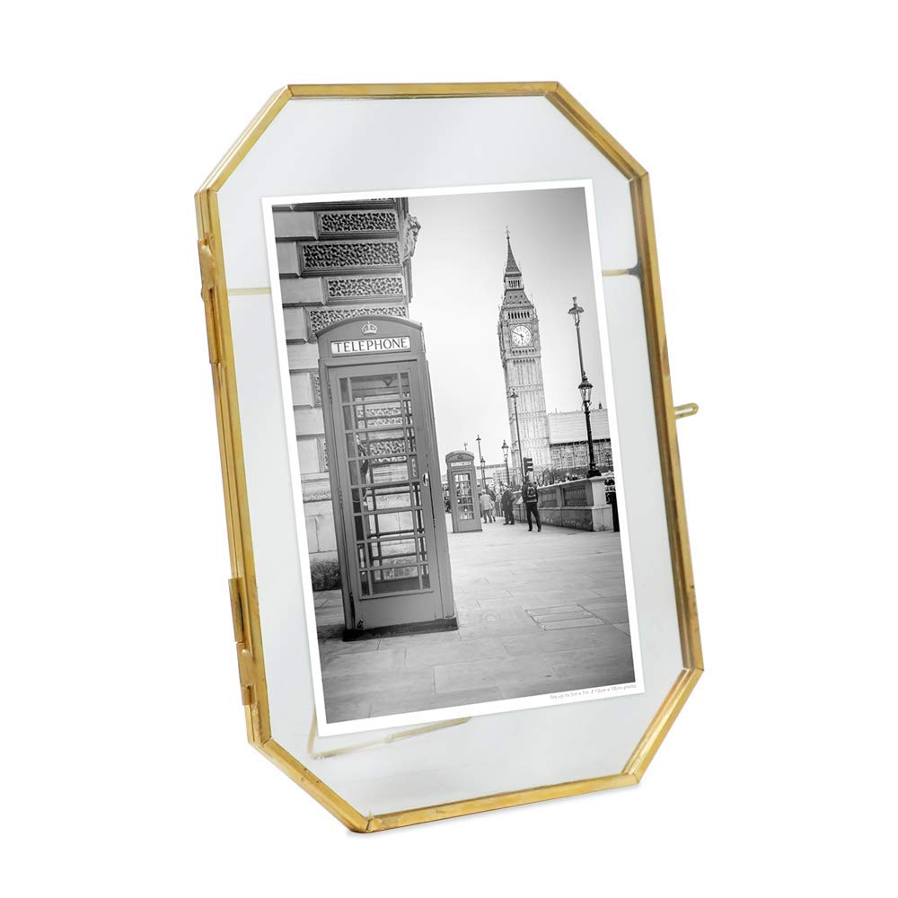 Isaac Jacobs 5x7 Vintage Style Octagon Brass & Glass, Metal Floating Picture Frame with Locket Closure (Vertical), Made for Tabl