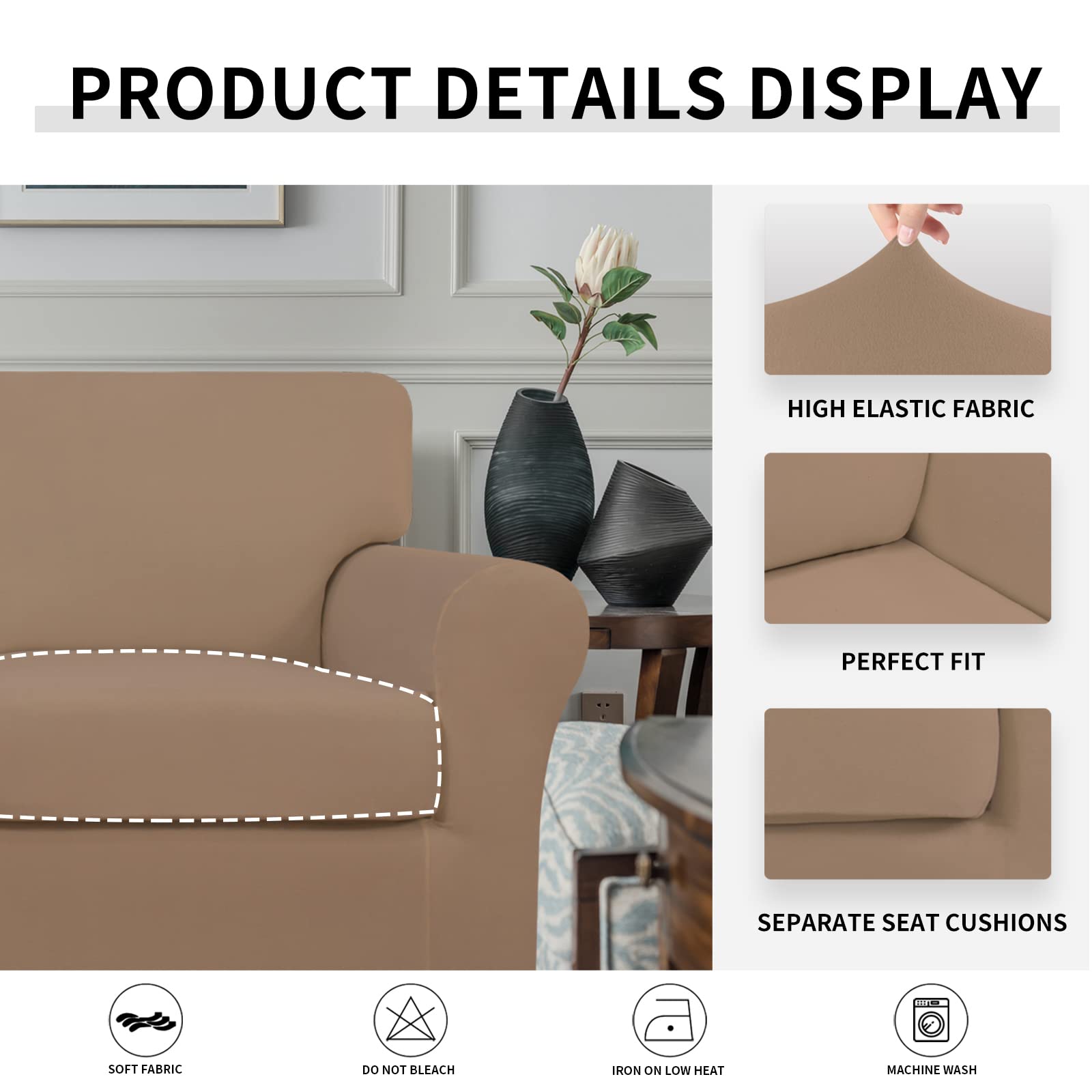 Easy-Going 2 Pieces Microfiber Stretch Chair Slipcover – Spandex Soft Fitted Sofa Couch Cover Washable Furniture Protector With Elastic Bottom Kids Pet(Small, Camel)