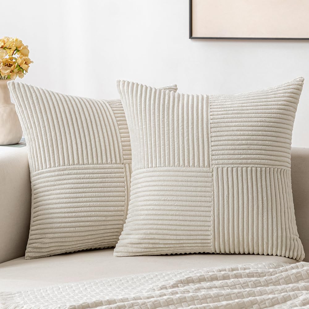 Miulee Beige Corduroy Pillow Covers Pack Of 2 Boho Decorative Spliced Throw Pillow Covers Soft Solid Couch Pillowcases Cross Pat