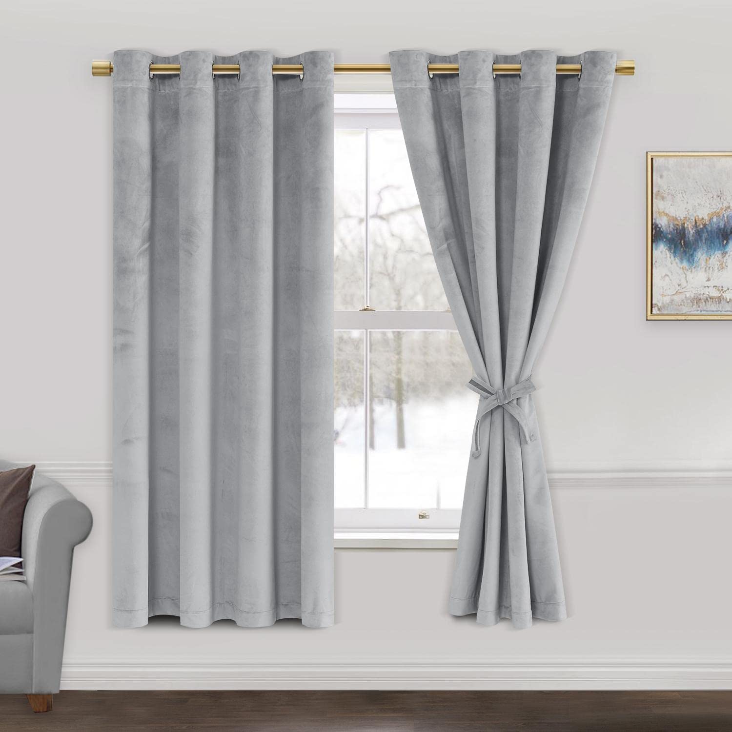 Jiuzhen Grey Velvet Curtains 63 Inch - 2 Panels Of Soft And Smooth Luxury Velvet Curtains Room Darkening Heat Blocking Grommet C