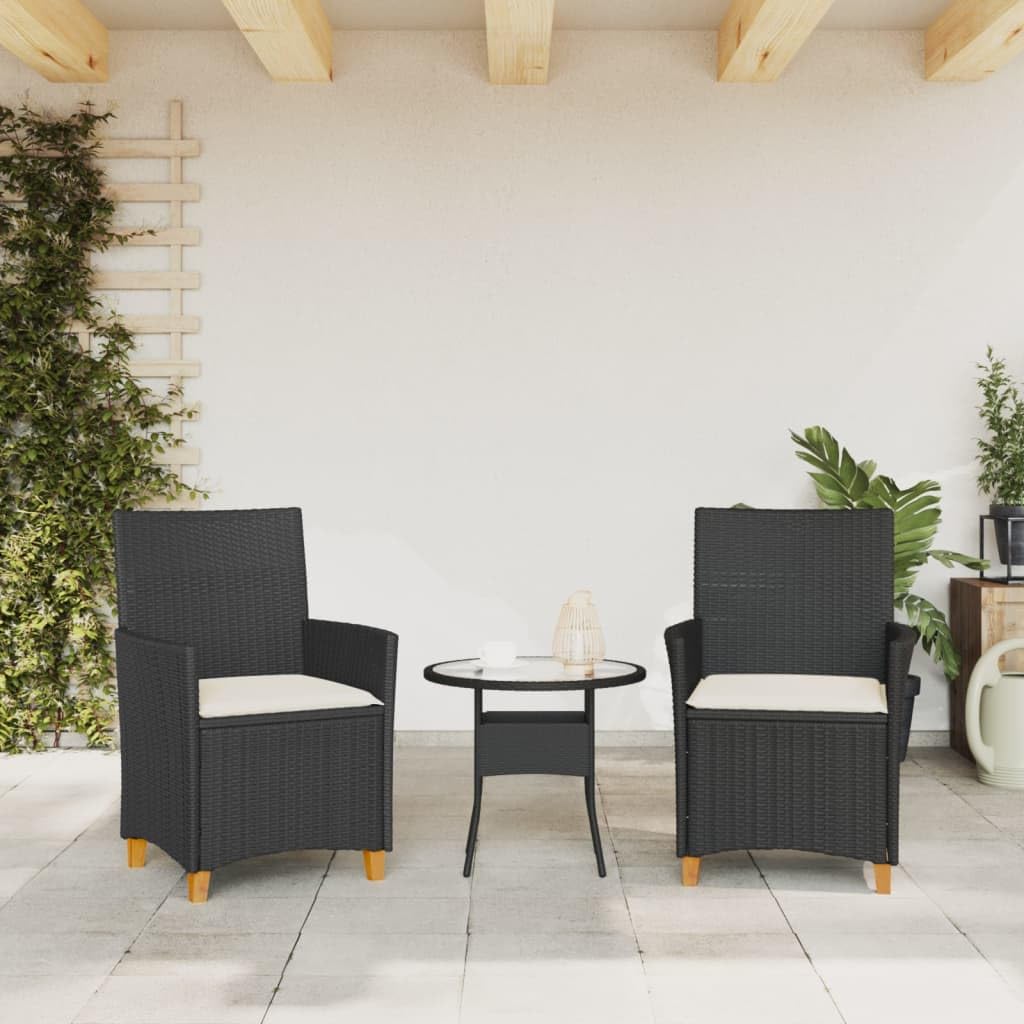 vidaXL Patio Chairs with Cushions, Set of 2 - Black Poly Rattan & Solid Acacia Wood, 23.2 x 24 x 35.4, Cream White Cushions, Ideal for Garden, Deck, Outdoor Seating - Durable, Weather-Resistant