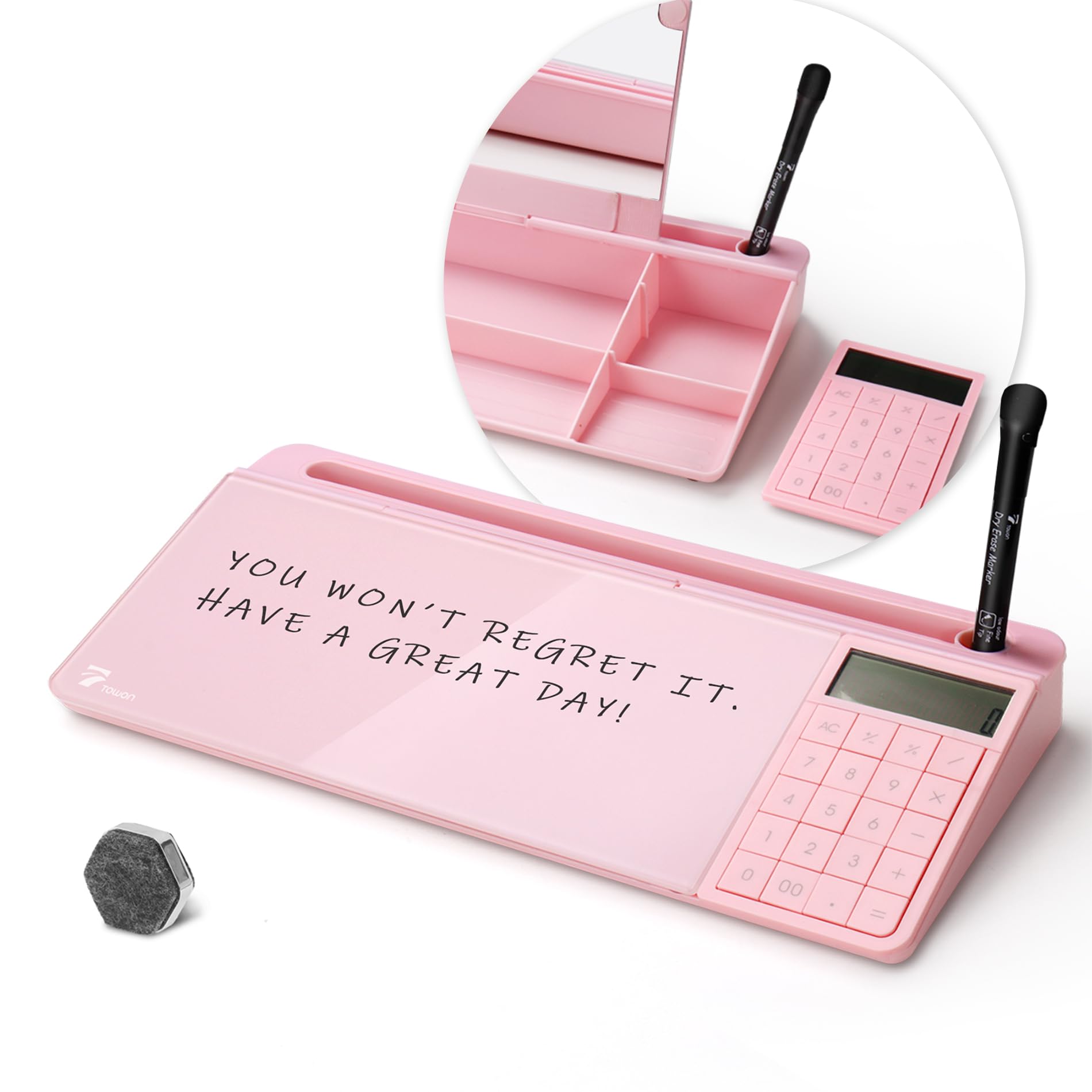 Towon Desk Dry Erase Board With Detachable Calculator, Small Glass Desktop Whiteboard, Desktop Whiteboard - Glass Dry Erase Whit