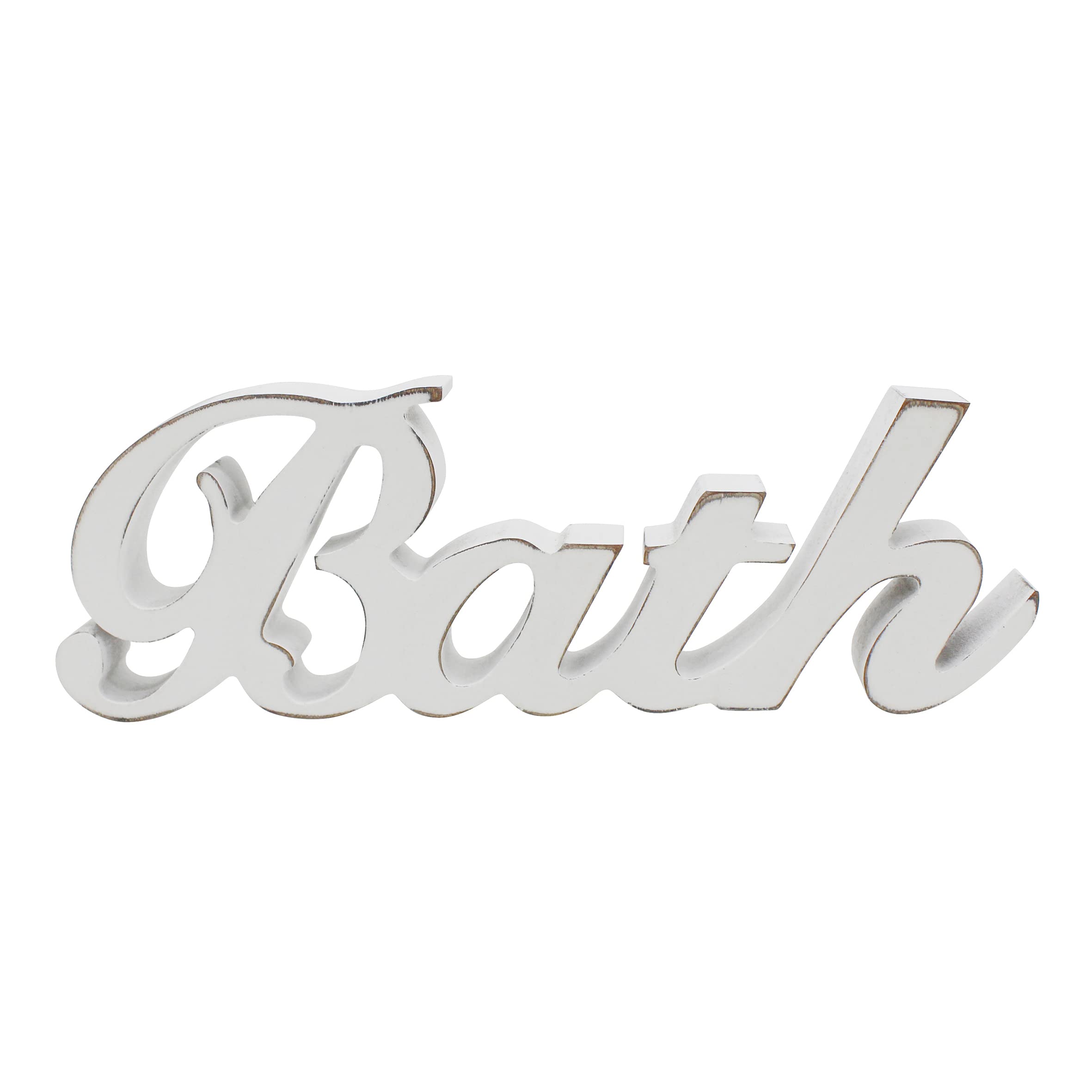 CVHOMEDECO. Rustic Vintage Wooden Words Sign Free Standing Bath, Bathroom/Home Wall/Door Decoration Art (Distressed White 1)